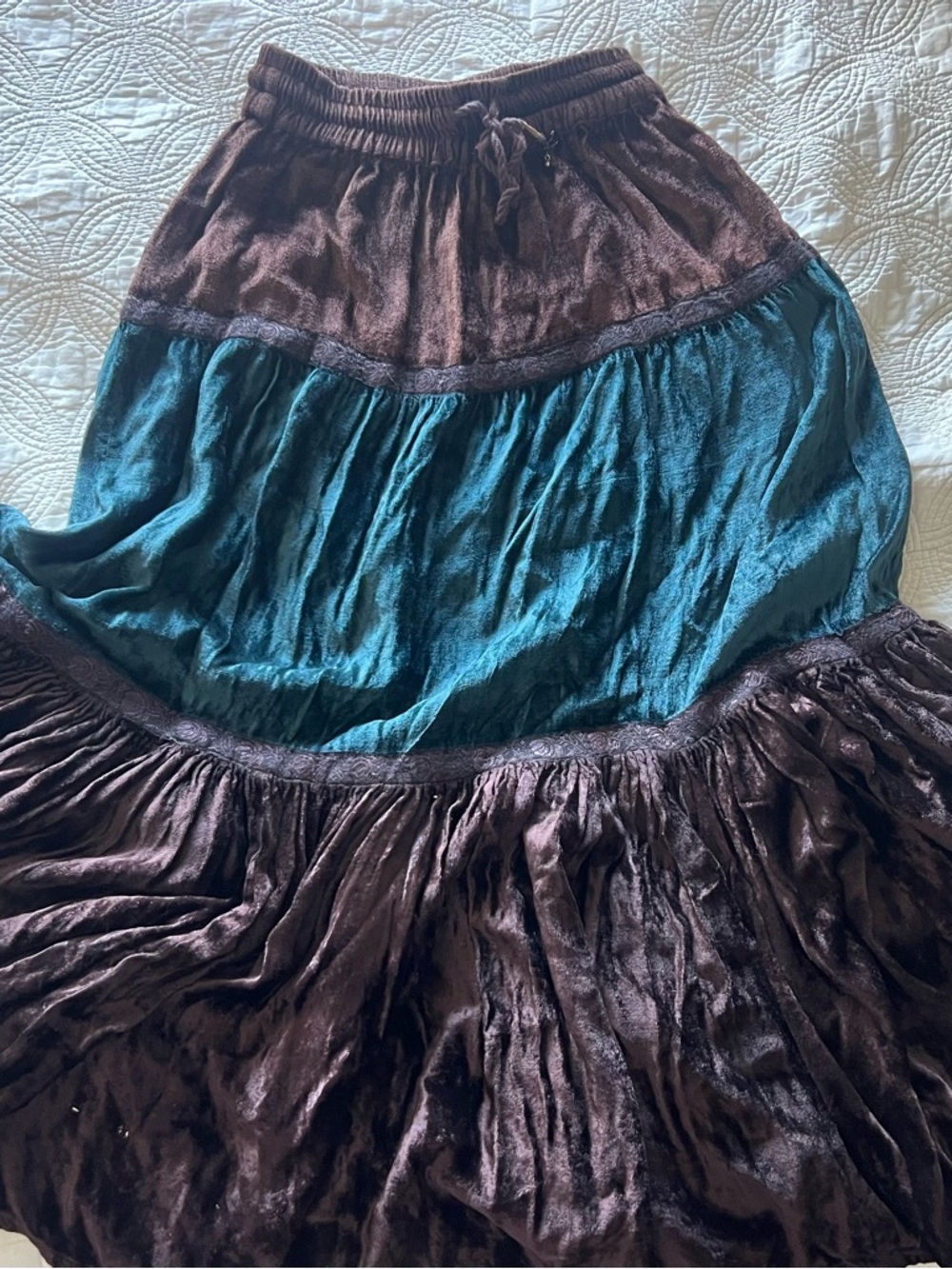 Boho Tiered Maxi Skirt in Teal and Chocolate Brown